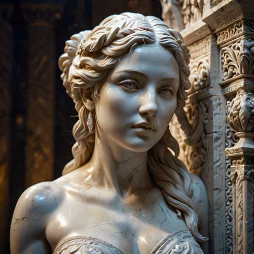 The image shows a close-up view of a statue of a woman's face and upper body. The statue is made of white marble and depicts the female form with intricate details. The background features columns and arches, suggesting an architectural setting.