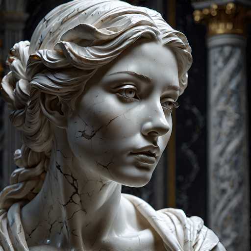 The image depicts a close-up of a marble statue of a woman, showcasing her head and neck. The statue, predominantly white, features intricate details of the woman's face, including her long eyelashes, well-defined eyebrows, and expressive eyes. Her hair is styled in a braid that drapes over her shoulder, adding to the classical aesthetic. The statue's surface is marked with black cracks, particularly noticeable on her neck and face, suggesting age or damage. She is adorned in a toga-like garment that wraps around her neck and drapes over her shoulders. The background is blurred, revealing a dark, indistinct setting with a white marble column featuring gold accents at the top. The overall composition highlights the statue's serene expression and detailed craftsmanship, set against a contrasting, shadowy backdrop.