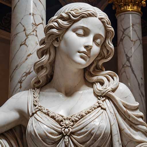The image shows a close-up view of a marble statue of a woman's head and shoulders. The statue is positioned on the left side of the frame, with her hair styled in an elegant updo. The background features two tall columns, one on each side of the statue, creating a symmetrical balance within the composition.