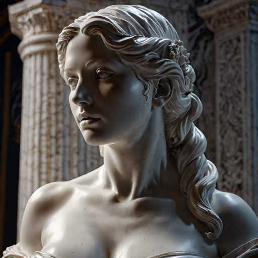 This image features a detailed statue of a woman, likely made of marble or stone, with a grayish hue. The statue captures the woman from the chest up, showcasing her bare shoulders and the top of her dress. Her long, wavy hair is intricately braided and adorned with a flower or leafy decoration at the crown. The woman's face is turned slightly to the left, with her eyes open and gazing off into the distance. The background includes two large, ornate white columns with intricate designs, adding to the classical aesthetic of the scene. The overall composition suggests a museum or historical setting, emphasizing the statue's timeless beauty and craftsmanship.