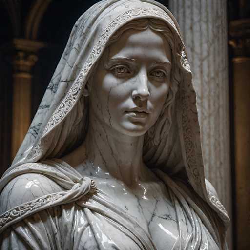 This image features a meticulously crafted statue of a woman, likely made from marble or a similar stone material. The statue is adorned with intricate carvings, particularly around the hood and the draping fabric that cascades over her shoulders. The woman's face is serene, with a slight smile and eyes that gaze directly ahead. Her hair is styled in a bun, partially visible beneath the hood. The statue's neck is notably elongated, adding to its classical aesthetic. The background is blurred, but it appears to be set in a grand hall or museum, with large stone pillars and dark walls that provide a sense of depth and context to the scene.