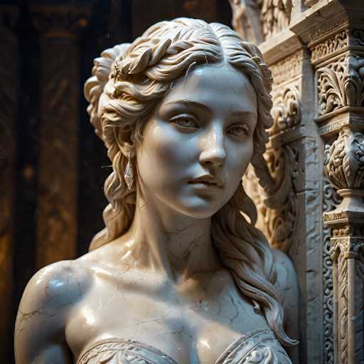 This image features a detailed statue of a woman, likely made from marble or plaster, with a smooth, shiny surface. The statue is depicted from the chest up, showcasing her long, wavy hair that cascades over her left shoulder and is intricately braided at the top. She has a serene expression with her eyes open and gazing slightly to the right. Adorning her ears are long, dangling earrings that resemble diamonds. The statue is positioned against a backdrop of ornate, carved stone columns, suggesting an ancient or classical architectural setting. The background includes a dark brown wall with additional columns, enhancing the sense of depth and historical ambiance.