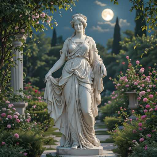 A statue of a woman with a crown on her head and a halo around her neck stands in the center of a garden filled with pink flowers and green plants. The statue is positioned between two columns made of white stone pillars, which are surrounded by trees and bushes. A full moon can be seen in the background, casting a soft glow over the scene.