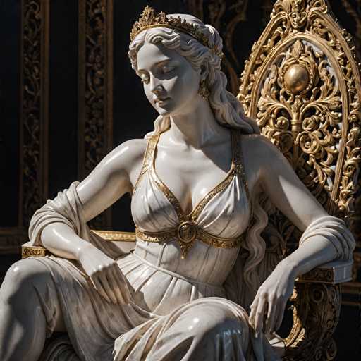 The image depicts a highly detailed statue of a woman, likely representing a goddess or queen, seated on an ornate golden throne. The statue, crafted from white marble, features intricate gold accents that highlight her attire and accessories. She wears a golden crown adorned with jewels and a matching earring. Her dress, which is low-cut and sleeveless, is embellished with gold trim and a prominent gold medallion at the center. The woman's long, wavy hair cascades down her back, and her eyes are closed, giving her a serene expression. Her arms rest gracefully on the armrests of the throne, and her legs are crossed. The background is dark, emphasizing the statue's detailed craftsmanship and regal appearance.