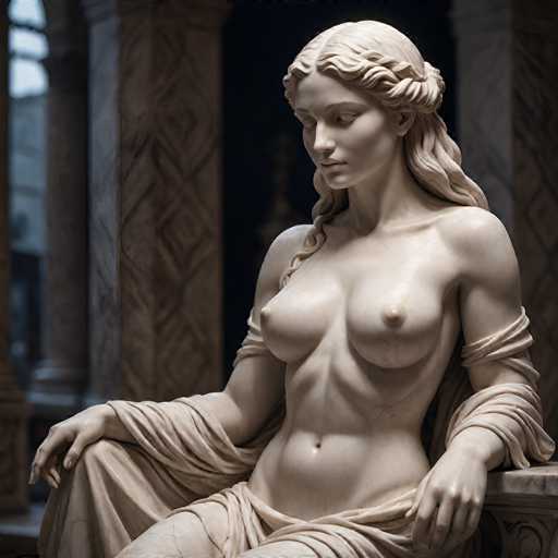This image features a detailed statue of a woman, likely crafted from marble or a similar stone. The statue is depicted in a seated position, with her left arm resting on a table and her right arm draped over her knee. She is adorned in a toga-like garment that wraps around her body, leaving her torso exposed. The woman's long hair cascades down her back, with a braid elegantly draped over her left shoulder. Her facial expression is serene, with her eyes closed and her gaze directed downward. The statue's intricate details capture the texture of the stone, emphasizing the craftsmanship. In the background, there are two large, ornate columns, adding to the classical ambiance of the scene.