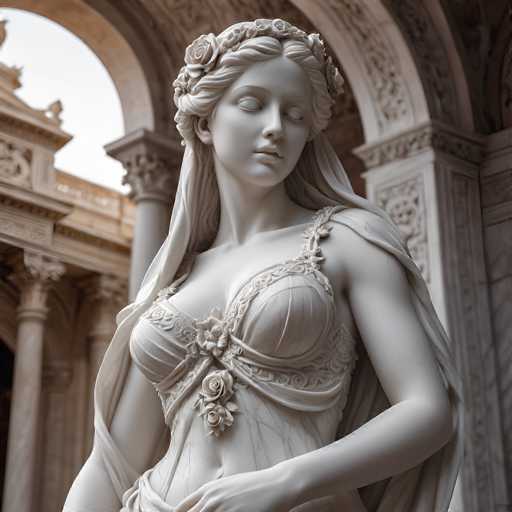 This image features a detailed statue of a woman, seemingly crafted from marble or stone. The statue is depicted from the waist up, with her head slightly tilted to the right. She has long, wavy hair adorned with a floral crown, and her eyes are closed, giving her a serene expression. The woman is dressed in a low-cut top that reveals her cleavage, and a sash elegantly drapes over her shoulder. The statue is set against a backdrop of ornate, white marble columns, which are intricately carved and feature a circular design at the top. To the left of the statue, there is a glimpse of another building with brownish columns, adding depth to the scene. The overall composition highlights the statue's graceful form and the architectural beauty surrounding it.