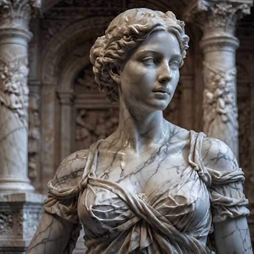 This image features a detailed statue of a woman, seemingly crafted from marble or a similar stone material. The statue is depicted from the chest up, showcasing her elegant attire and serene expression. She is adorned in a dress that appears to be made of a fabric-like material, intricately designed with folds and creases. The dress is secured with two straps that cross over her shoulders, adding to the statue's classical aesthetic.

The woman's hair is styled in a short, curly manner, reminiscent of a perm, and is neatly pulled back, enhancing her poised appearance. Her facial features are finely sculpted, with a long, slender neck that adds to the statue's graceful lines. The statue's eyes are notably blank, giving it an enigmatic and timeless quality.

The background of the image is slightly blurred, drawing focus to the statue itself. However, it reveals a grand setting with tall, ornate columns flanking either side of the statue. These columns are adorned with intricate carvings, adding to the overall sense of grandeur and historical significance in the scene.