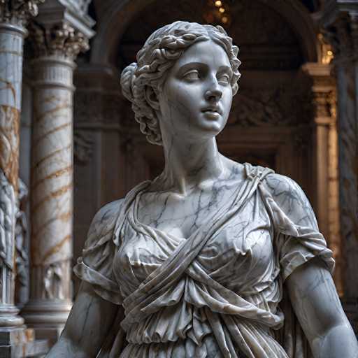 This image features a detailed statue of a woman, likely made from marble or a similar stone. The statue is depicted from the waist up, showcasing her intricately designed dress. The dress appears to be crafted from a material that resembles cloth, with a prominent sash that wraps around her chest and extends down to her waist. The statue's hair is styled in a braided updo, adding to its classical aesthetic.

The woman's face is turned slightly to the right, with her gaze directed off into the distance. Her eyes are notably blank, lacking pupils, which gives her a somewhat eerie appearance. The statue's skin is a light gray color, with darker gray lines running through it, enhancing the marble-like texture.

In the background, there are several white pillars adorned with brown lines, adding depth and context to the scene. The overall composition of the image highlights the statue's exquisite craftsmanship and the serene yet mysterious expression of the figure.