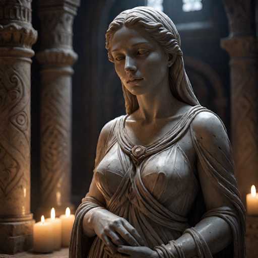 The image depicts a detailed statue of a woman, likely made of marble or stone, situated in what appears to be a church or cathedral. The statue, which is gray in color, portrays a woman with long, wavy hair that cascades down to her chest. She is adorned in a dress with a prominent, circular brooch at the neckline, and her hands are positioned in front of her body. The statue's eyes are closed, giving her a serene expression. Surrounding the statue are intricately carved columns, some featuring designs like eyes and swirls. To the left of the statue, there are three lit candles, casting a gentle glow, while another candle is visible on the right side. The background is dimly lit, with a window at the top allowing some light to filter through, enhancing the solemn and contemplative atmosphere of the scene.