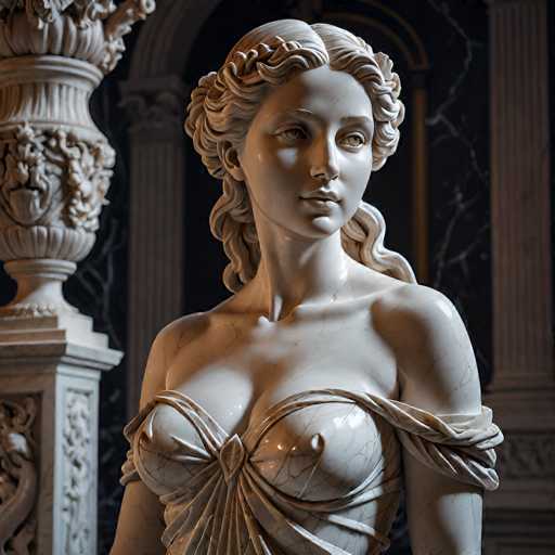 This image features a detailed statue of a woman, seemingly crafted from marble or a similar stone material. The statue is depicted from the waist up, showcasing her elegant and serene appearance. She is adorned in a toga-like garment that drapes over her shoulders and chest, with the fabric intricately wrapped around her arms. The woman's hair is styled in a wavy, curly fashion, cascading down her back in loose waves. Her facial features are delicately sculpted, with a soft smile and expressive eyes that gaze off to the side. The statue is set against a backdrop that includes a pillar and a vase, enhancing the classical aesthetic of the scene.