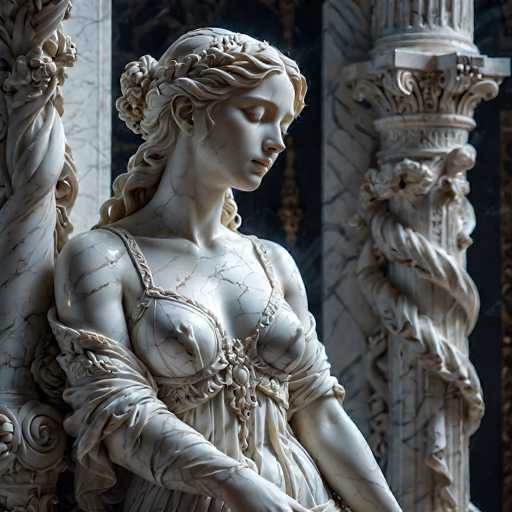 This image features a detailed statue of a woman, likely made from marble or plaster, with a white or cream color. The statue is positioned centrally, leaning against a column on the left side of the frame. The woman's eyes are closed, and her head is slightly tilted to the right. Her hair is styled in a bun at the back of her head, with some strands cascading down. She is adorned in a dress with thin straps over her shoulders and a low neckline, revealing her breasts. The dress has a floral pattern around the chest area and extends down to her waist. Her arms are bent at the elbows, with her hands resting on her lap. The background includes another column on the right side, which is intricately designed with a rope-like pattern and floral motifs. The overall setting appears to be indoors, possibly within a museum or church, with a dark backdrop that contrasts with the statue's light coloration.