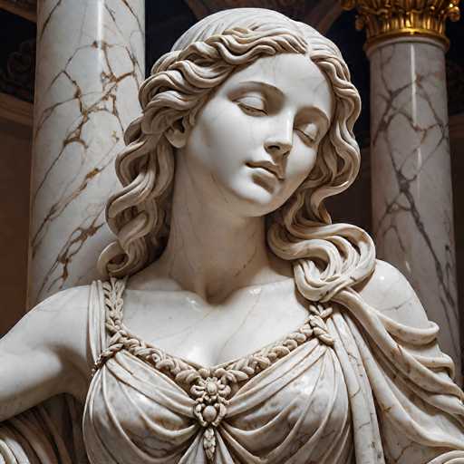 This image features a detailed statue of a woman, likely made from white marble or plaster. The statue is depicted from the chest up, showcasing her long, wavy hair that cascades down to her chest. She is adorned in a toga-like dress with intricate details, including a braided design around the neckline and a central brooch. The woman's eyes are closed, and her head is slightly tilted to the right, giving her a serene expression. Behind her, there are two white marble columns with brown veining, adding to the classical aesthetic of the scene. The statue's arms are positioned at her sides, and the overall composition suggests a sense of calm and elegance.