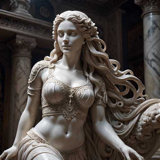 The image depicts a detailed statue of a woman, likely made of marble or plaster, standing in a classical style reminiscent of ancient Greek or Roman art. The statue is positioned in a dimly lit room with a background of ornate, marble columns featuring intricate carvings and designs. The woman is adorned in a toga-like skirt with a belt, and a bra-like top that leaves her midriff exposed. Her long, wavy hair cascades down her back, and she has a serene expression with her eyes closed. The statue's arms are extended to her sides, and she appears to be leaning against a piece of furniture, possibly a chair or couch. The overall scene is dark, with the statue being the primary focus, illuminated by a light source that highlights its intricate details.