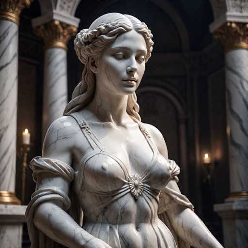 This image features a detailed statue of a woman, seemingly crafted from white marble with intricate black veining. The statue is depicted from the waist up, showcasing her long, wavy hair that cascades down to her shoulders. Her eyes are closed, and she gazes slightly to the right, giving her a serene expression. She is adorned in a unique top that resembles a bikini, with thin straps over her shoulders and a central flower-like design. The fabric of her top drapes elegantly over her arms, adding to the statue's delicate appearance.

The background is dimly lit, creating a dramatic contrast with the statue. Behind her, there are two white marble pillars, each topped with gold accents, adding a touch of opulence to the scene. A lit candle on a candlestick is positioned to the left of the statue, casting a gentle glow. To the right, another candle on a similar stand is visible, further enhancing the ambient lighting. The overall setting is dark, which makes the statue and its details stand out prominently.