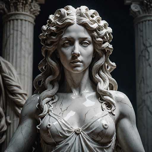 This image features a striking marble statue of a woman, reminiscent of classical Greek or Roman art. The statue, crafted from white marble, depicts a woman with long, wavy hair cascading down to her chest. She is adorned in a toga-like garment that drapes elegantly over her shoulders and chest, with a central knot accentuating her figure. The woman's face is serene, with slightly open lips and eyes that gaze directly ahead. Her arms hang naturally at her sides, and her chest is modestly covered by the toga. The statue's surface is marked with fine cracks, adding to its ancient and weathered appearance.

In the background, two tall, white marble columns stand on either side of the statue, each featuring intricate carvings at their capitals. The column on the left is partially obscured by a decorative element that resembles a braided rope or a leafy motif. The overall scene is set against a dark backdrop, which accentuates the statue's white marble and the detailed textures of the marble columns.