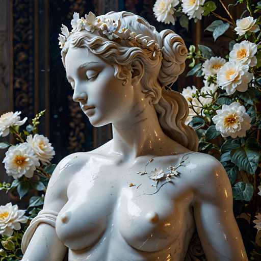 This image features a detailed statue of a woman, likely made from marble or porcelain, with a glossy finish. The statue is depicted from the chest up, showcasing her bare arms and chest. She has long, wavy hair that is tied back in a ponytail, adorned with a crown of flowers. The woman's eyes are closed, and she is looking down to the left, with her head slightly tilted. Her right arm is wrapped in a white bandage that extends from her elbow to her shoulder. The statue is surrounded by large white flowers with yellow centers, and the background is dark, highlighting the intricate details of the sculpture and the floral arrangement.