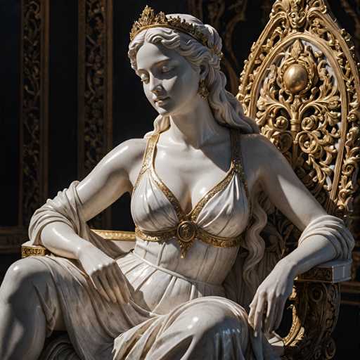 A white marble statue of a woman with long hair and a gold crown sits on a golden chair against a black background.