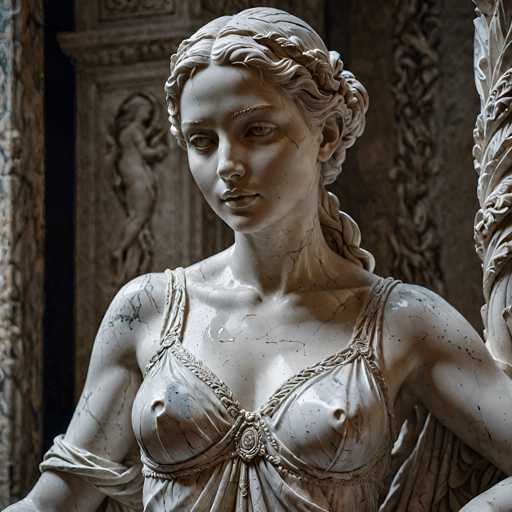 The image shows a close-up view of a statue of a woman with long hair and a flowing dress. The statue is made of white marble and depicts the female form in a classical style. The background features a dark blue wall adorned with intricate carvings, adding to the overall aesthetic appeal of the scene.