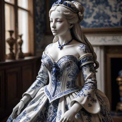 This image features a meticulously crafted porcelain figurine of a woman, seated in a poised and elegant manner. The figurine is adorned in a dress reminiscent of the Victorian era, characterized by its intricate blue floral patterns that cover the white porcelain surface. The dress is form-fitting, accentuating the figure's curves, and features a low neckline that reveals a hint of cleavage. The sleeves are long and elegant, extending to the wrists.

The woman's hair is a striking blonde, styled in an elaborate updo with a bun at the back of her head, while the rest of her hair cascades down her back. She wears a matching blue floral necklace that complements her dress, along with blue earrings and a blue brooch at the center of her chest. Her facial features are delicately sculpted, with a serene expression and a small mouth.

The background of the image is slightly blurred, drawing focus to the figurine. However, one can discern a white fireplace with a brown frame, a window with brown curtains, and a wooden shelf adorned with two brown vases. The wall behind the fireplace is painted in a blue and white floral pattern, adding to the overall Victorian aesthetic of the scene.