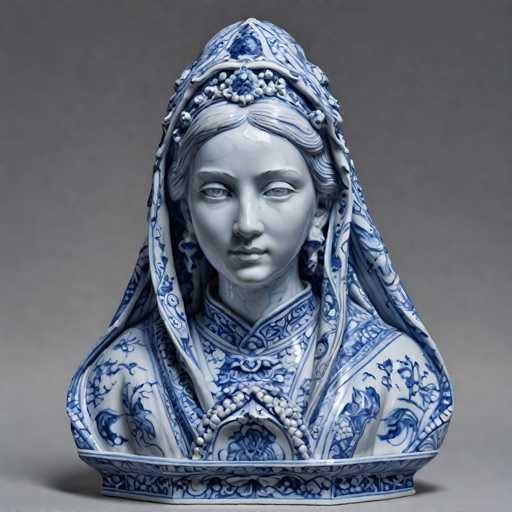 The image shows a white ceramic bust of a woman with blue and gold accents. The bust is positioned on the left side of the frame against a gray background. The woman's face is prominently displayed in profile, with her eyes looking directly at the camera. The bust appears to be a piece of art or sculpture, possibly from the Ming Dynasty era.