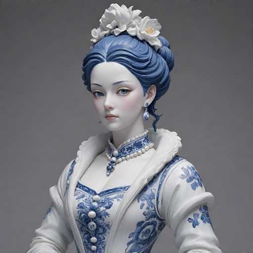This image depicts a highly detailed, computer-generated 3D model of a young woman, possibly in her late teens or early twenties. She has striking blue hair styled in an elaborate updo, adorned with white flowers. Her complexion is very pale, almost porcelain-like, with a hint of pink blush on her cheeks. She has blue eyes and is wearing blue diamond earrings. Her attire is reminiscent of a Victorian-era dress, featuring a white fabric with intricate blue floral patterns. The dress includes a corset-like bodice with white buttons and a high collar that extends into a cape-like back. Around her neck, she wears a pearl necklace with a blue pendant. The background of the image is a solid gray, emphasizing the figure's detailed and ornate appearance.