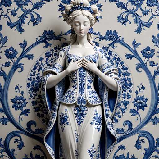 This image features a meticulously crafted statue of a woman, exuding an aura of serene elegance. The statue is adorned in a stunning dress that boasts intricate blue floral patterns, harmoniously complementing the blue floral motifs on the wall behind her. The woman's hair is styled in a sophisticated updo, accentuated by a blue floral headband that adds a touch of regal charm. Her eyes are gently closed, and her hands are gracefully positioned over her chest, enhancing the statue's overall poise. The statue's skin is a pristine white, contrasting beautifully with the blue accents, and the dress features a low-cut neckline that adds to its timeless allure. The overall composition of the statue, with its detailed craftsmanship and harmonious color palette, creates a visually captivating and serene image.