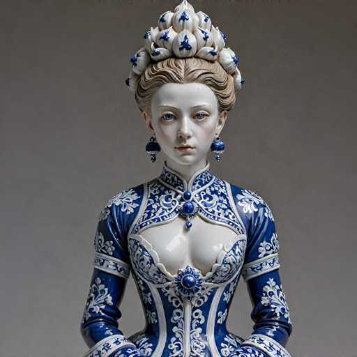 This image features a meticulously crafted porcelain statue of a woman, exuding an air of regality and elegance. The statue, with its smooth white porcelain face, showcases a serene expression, highlighted by striking blue eyes and delicate pink lips. The woman's hair is styled in a sophisticated updo, adorned with an elaborate headpiece resembling a crown. This headpiece is predominantly white, embellished with intricate blue floral patterns that add a touch of opulence.

Her ears are adorned with dangling blue earrings, each featuring a small blue ball at the bottom, adding to the overall ornate design. The statue's attire is equally impressive, depicting a blue dress with a white floral pattern. The dress is form-fitting, accentuating the statue's figure, and features a low neckline that reveals a hint of cleavage. The dress is further embellished with blue jewels, including a prominent one at the center of her chest and another at the top of the neckline, enhancing the statue's luxurious appearance.

Overall, the statue's intricate details and the harmonious blend of blue and white hues create a captivating and elegant representation of a royal figure.