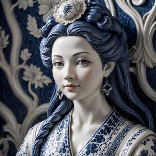 A detailed, high-quality digital painting of a serene porcelain doll-like figure of a woman with long, flowing blue hair adorned with a white floral headdress. She has delicate features, large blue eyes, and a gentle smile. Her attire is a traditional East Asian-style robe with intricate blue floral patterns on a white background, and she wears ornate silver earrings. The background is a deep blue patterned fabric with swirling white designs, creating a rich and elegant atmosphere. The lighting is soft and diffused, highlighting the smooth texture of the porcelain figure. The overall style is reminiscent of traditional Chinese or Japanese art, with a focus on delicate detail and graceful form.