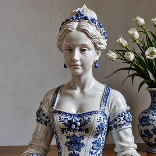This image features a meticulously crafted statue of a woman, exuding an air of serene elegance. The statue is made of a material that gives it a glossy, almost lifelike sheen. She is adorned in a dress that is predominantly white, embellished with intricate blue floral patterns. The dress is detailed with blue straps that crisscross over her chest, adding a touch of sophistication. Her hair is styled in an updo, and she wears a blue floral headband that complements her dress. The statue's facial features are finely detailed, with a serene expression that adds to her overall grace. She is also wearing blue earrings that match her headband, completing her elegant ensemble. The statue is positioned on a wooden table, and beside it is a blue and white vase filled with fresh flowers, adding a touch of natural beauty to the scene.