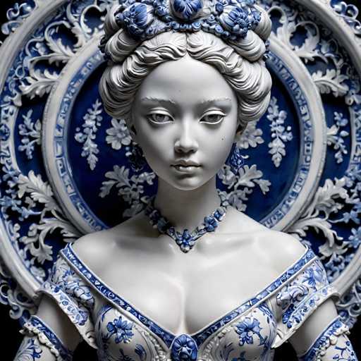 This image features a meticulously crafted statue of a woman, predominantly white with intricate blue accents. The statue is adorned with a blue necklace and a blue dress, both embellished with delicate floral patterns. Her hair is styled in an elaborate updo, with blue flowers woven into the top portion, adding a touch of elegance and color. The statue's eyes are open, gazing directly at the viewer, and she wears blue earrings that complement her attire. The background is a deep blue, enhancing the statue's serene and ethereal appearance.
