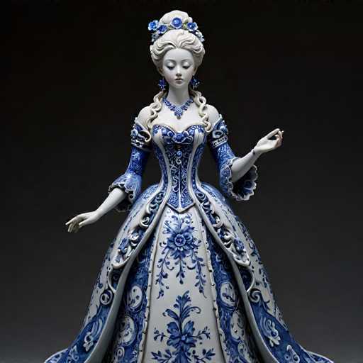 The image depicts a highly detailed statue of a woman, reminiscent of Cinderella, set against a black background. The statue is crafted from a material that resembles porcelain or ceramic, with a glossy finish. She is adorned in a blue and white dress that features intricate floral patterns and ruffles, with the skirt flaring out dramatically. The dress has a low neckline, revealing her shoulders and chest, and is complemented by long sleeves that extend to her wrists. Her hair is styled in a bun at the top of her head, with two long, curly strands framing her face. She wears blue earrings and a matching blue necklace. The woman's eyes are closed, and she gazes downward, adding a serene expression to her demeanor. Her arms are extended outwards, with her hands slightly raised, enhancing the elegance of the pose.
