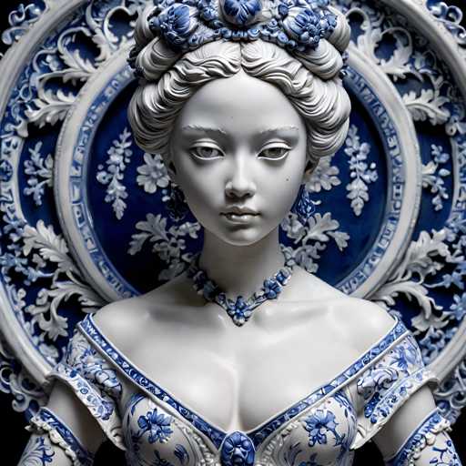 The image shows a white statue of a woman with blue flowers on her hair and a blue dress with white floral patterns. The statue is positioned against a blue background adorned with intricate designs.