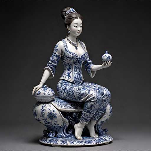 This image features a meticulously crafted statue of a woman, likely of Asian descent, seated gracefully on a white and blue ceramic stool. The statue is adorned in a matching white and blue ceramic dress, with her hair elegantly styled in a bun. She holds a small blue and white ceramic bowl in her left hand, while her right hand rests on a larger matching bowl. The woman's attire and the bowls she holds are intricately detailed, showcasing the same blue floral patterns against a white background. Her bare feet are visible, adding a touch of realism to the otherwise ornate and delicate figure. The entire scene is set against a stark black background, which accentuates the intricate details and colors of the statue, making it the focal point of the image.