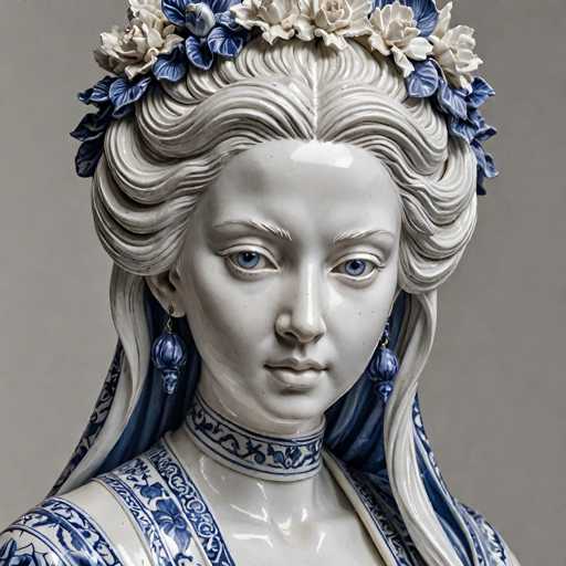 The image shows a close-up view of a statue of a woman with long blonde hair and blue eyes. The statue is adorned with a wreath made up of white flowers on her head and blue flowers around her neck. The background is plain white, which contrasts with the vibrant colors of the statue.