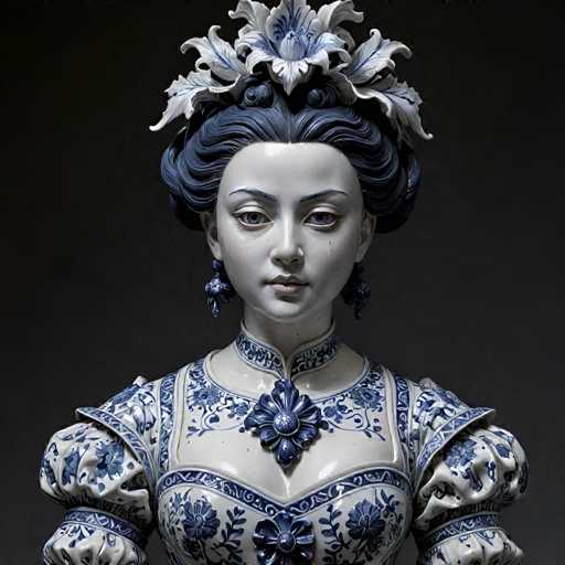 This image features a highly detailed and realistic porcelain figurine of a woman, likely of Asian descent, set against a black background. The figurine's face is painted white with striking blue eyebrows, blue eyes, and a small mouth. Her hair is styled in an elaborate updo, predominantly blue with white accents, and adorned with a large, intricate white and blue flower at the top. She wears long, dangling blue earrings and a matching blue and white porcelain necklace. Her dress is equally ornate, with a high collar and puffy sleeves, both decorated with blue floral patterns. The overall appearance of the figurine is very lifelike, almost resembling a real person.