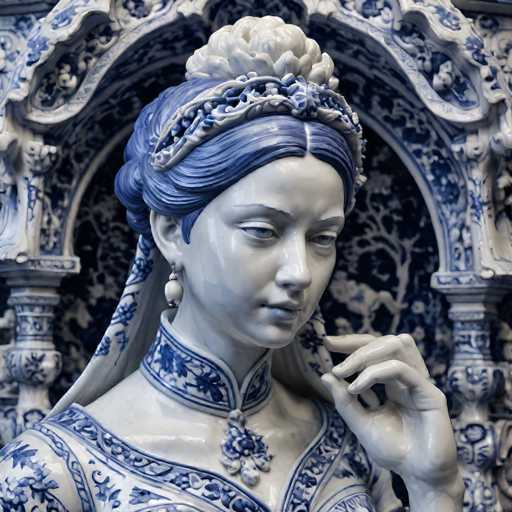This image features a meticulously crafted porcelain statue of a woman, exuding an air of regality. The statue, predominantly white, showcases a face with striking blue eyes and matching blue eyebrows. Her hair, also blue, is elegantly styled into a bun adorned with a delicate white flower. The woman's attire is equally ornate, featuring a high collar and a V-neckline, both embellished with intricate blue floral patterns. A matching blue necklace complements her ensemble. She wears a single earring, shaped like a teardrop, adding to her refined appearance. The statue's right hand is raised, with the index finger gently touching the side of her face, while the other fingers are curled inward. The background is a harmonious blend of blue and white, enhancing the statue's ethereal quality.