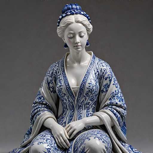 This image features a detailed statue of a woman, likely of Asian descent, seated against a gray background. The statue is crafted from a shiny, white material, possibly porcelain or marble, and depicts the woman in a serene, meditative pose with her eyes closed and head slightly bowed. She is adorned with long, dangling blue earrings and a blue headband embellished with white flowers. Her hair is styled in an elegant updo, with a bun at the top and the sides pulled back. The woman is dressed in a blue and white floral-patterned kimono, which is open at the front, revealing a low-cut blouse underneath. The kimono's sleeves are rolled up to her elbows, and she is seated with her hands resting on her lap, one hand over the other. The overall composition and intricate details of the statue evoke a sense of tranquility and cultural richness.