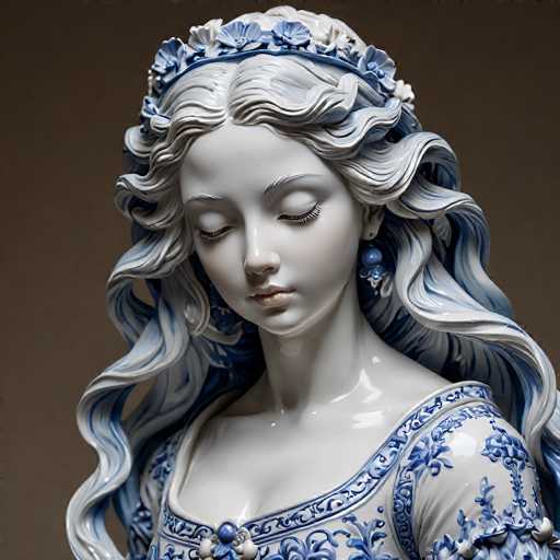 This image features a detailed statue of a woman, predominantly white with intricate blue accents. The statue's hair is long, wavy, and cascades down to her waist, with a striking blue tint. She wears a blue floral crown adorned with white flowers, adding a touch of elegance to her appearance. Her eyes are closed, and her eyebrows are delicately painted in white. The statue's lips are a soft pink, and she has a small nose. She is dressed in a blue floral-patterned dress, with the fabric extending to her shoulders. The background of the image is a solid brown, which contrasts with the statue's white and blue coloration. The overall composition highlights the statue's serene expression and intricate details, making it a captivating piece of art.