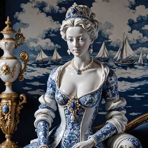 The image depicts a highly detailed statue of a woman, likely representing a queen or princess, seated on a blue chair with a gold trim. The statue is crafted from white marble and features intricate blue accents. The woman's hair is styled in a bun adorned with a crown that has blue jewels. She wears a blue and white dress with a corset-like bodice, also embellished with blue jewels. Her accessories include a pearl necklace with a blue pendant, dangling earrings, and a brooch on her chest. The background showcases a serene ocean scene with five sailboats, set against a sky filled with white clouds. To the left of the statue, there are two vases: one is a large urn with gold trim, and the other is a smaller vase with a blue jewel on top. The overall composition suggests a regal and elegant setting.