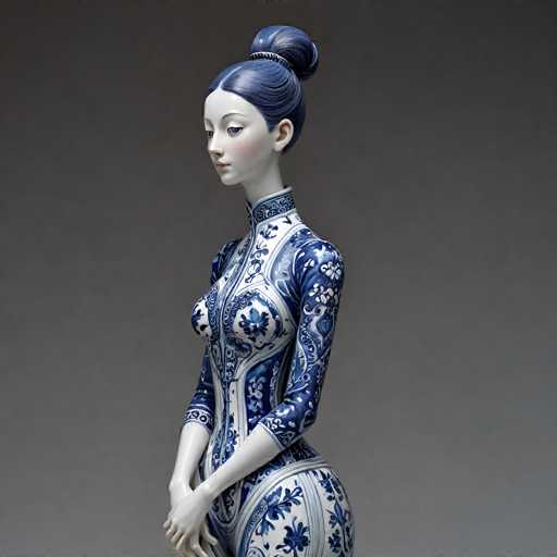 The image depicts a highly detailed, computer-generated rendering of a young woman, possibly in her late teens or early twenties. She is dressed in a traditional Chinese outfit, featuring a high collar and long sleeves that extend to her elbows. The ensemble is predominantly blue and white, adorned with intricate floral patterns reminiscent of fine china. Her hair is a striking blue, styled into a bun at the back of her head. The woman's face is pale, with a noticeable blush on her cheeks, and she has dark eyes. Her hands are clasped together in front of her waist, and she is positioned slightly to the left, gazing downward. The background is a solid gray, which accentuates the detailed and lifelike quality of the rendering.