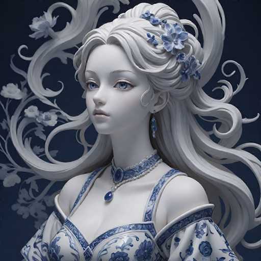 This image features a highly detailed, computer-generated depiction of a young woman with an ethereal, almost otherworldly appearance. She has long, flowing white hair adorned with blue flowers, and her striking blue eyes are framed by delicate, light brown eyebrows. Her lips are a soft pink, and she wears a blue and white choker necklace with a blue pendant. Her attire includes a blue and white dress with intricate floral patterns, and she has blue earrings that complement her overall color scheme. The background is a dark blue, almost black, with white floral designs that add to the mystical atmosphere. The woman's face is turned slightly to the left, giving her a contemplative expression as she gazes into the distance. The image captures her from the chest up, emphasizing her graceful and serene presence.