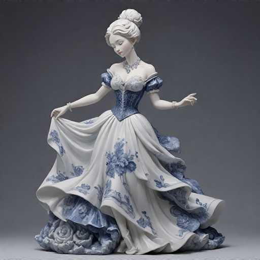 A detailed, high-quality image of a porcelain figurine of a woman in an elaborate, flowing white and blue gown. The figurine is posed gracefully with one arm outstretched and the other gently holding the skirt, as if in a dance. The gown features intricate floral patterns in blue and white, with a fitted bodice and a voluminous skirt that flares out at the bottom. The woman's hair is styled in an elegant updo, and she wears a delicate necklace. Her expression is serene and her posture suggests elegance and poise. The figurine's surface has a smooth, glossy finish, highlighting the intricate details of the design. The background is a simple, muted gray, which emphasizes the figurine's form and color.