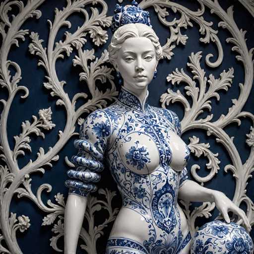 The image depicts a highly detailed sculpture of a woman, reminiscent of a porcelain doll, standing against a dark blue wall adorned with intricate white, leaf-like designs. The woman, who appears to be of Caucasian descent, has her hair styled in an elegant updo, with a blue and white crown perched atop her head. Her facial features are meticulously crafted, with blue earrings adding a touch of color. She is dressed in a blue and white floral-patterned garment that covers her torso, leaving her arms bare. The sculpture captures her in a poised stance, with her right arm resting on her hip and her left arm extended, holding a blue and white floral ball. The overall composition of the image is square, with the woman centrally positioned, creating a balanced and visually striking scene.