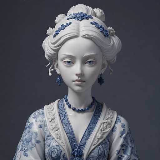 This image features a meticulously crafted statue of a woman, likely made from either porcelain or marble. The statue is predominantly white, with striking blue accents that highlight her eyes, necklace, earrings, and hair accessories. Her hair is elegantly styled into a bun, adorned with blue flowers that add a touch of natural beauty to the sculpture. The woman's attire is equally detailed, featuring a dress with a blue V-neck collar and intricate white floral patterns that extend to the sleeves. The overall composition of the statue exudes a sense of grace and sophistication, with the blue and white color scheme creating a harmonious and visually appealing contrast.