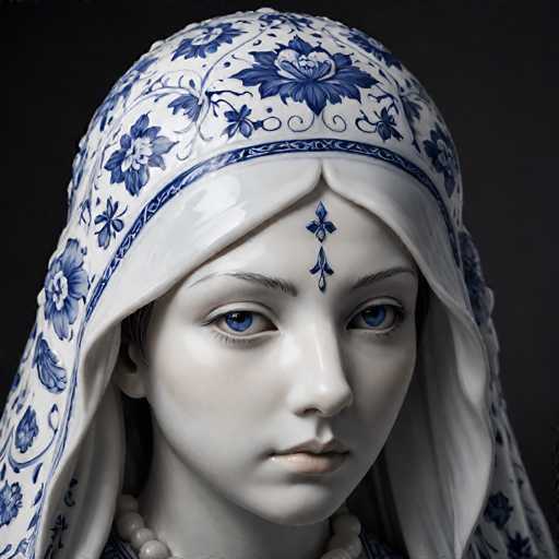 This image features a detailed statue of a woman with striking blue eyes and a serene expression. She is adorned with a white veil that drapes elegantly over her head, embellished with intricate blue floral patterns. The veil is secured at the center of her forehead with a delicate blue cross, adding a touch of religious significance to the sculpture. Her lips are painted a soft pink, complementing her fair complexion. Around her neck, she wears a string of white pearls, enhancing her ethereal appearance. The statue is set against a stark black background, which accentuates the fine details and colors of the sculpture, making it appear almost lifelike.