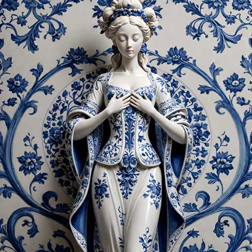 The image shows a ceramic statue of a woman with long hair and a blue dress adorned with white flowers. The statue is positioned against a backdrop featuring a floral pattern in shades of blue and white.