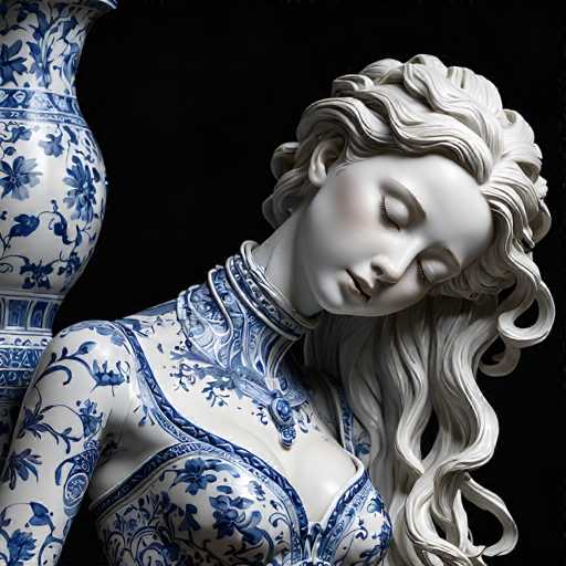 This image features a detailed sculpture of a woman, crafted from a material that appears to be either porcelain or plastic. The sculpture is predominantly white, with the exception of her hair and the intricate blue floral patterns that adorn her dress and neck. The woman's eyes are closed, and her head is tilted to the right, giving her a serene and contemplative expression. Her long, wavy hair cascades down, adding to the elegance of the piece. The background is completely black, which accentuates the sculpture's delicate features and the contrast between the white figure and the blue floral designs.