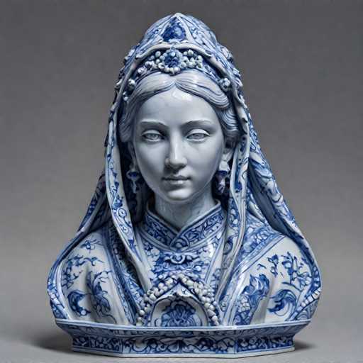 This image features a detailed sculpture of a woman, crafted from a material that appears to be either ceramic or porcelain. The sculpture is predominantly white, with intricate blue accents that resemble the delicate patterns found on fine china. The woman's hair is styled in a ponytail, and she wears a headpiece that drapes elegantly over her head and shoulders. Her attire is equally ornate, with a high collar that extends up to her neck, adorned with the same blue floral motifs. The sculpture is set against a plain gray background, which highlights the exquisite craftsmanship and intricate details of the piece.