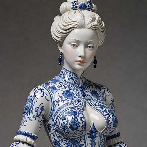 This image features a highly detailed, realistic statue of a woman, possibly made of porcelain or ceramic, with a strikingly lifelike appearance. The statue is predominantly white, with intricate blue floral patterns adorning her dress, which includes a deep neckline revealing some cleavage. Her hair is styled in an elaborate updo, with a blue flower accentuating the top. She wears long, dangling blue earrings that add to her elegant look. The statue's face is meticulously crafted, with blue eyes, a small nose, and pink lips, giving her a serene expression. The background is a plain gray, which contrasts with the statue's detailed features, making her stand out even more. The image is square-shaped, capturing the statue from the chest up, and there are no other elements or text in the picture.