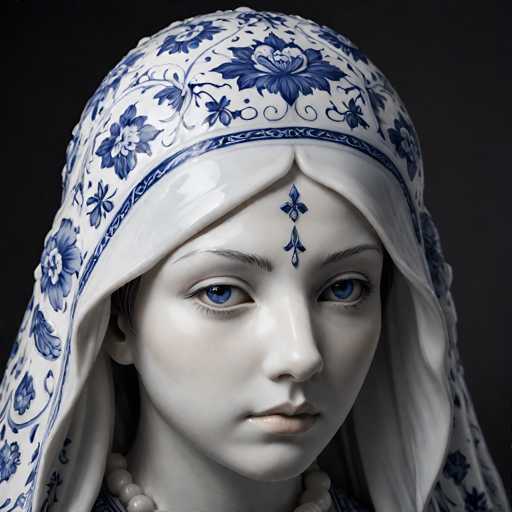The image shows a close-up view of a statue of a woman's face and head. The statue is predominantly white with blue accents, giving it an elegant and timeless appearance. The woman's face features a large nose and small eyes, adding to the overall aesthetic appeal of the piece. She wears a blue and white dress that complements her facial features. The statue is set against a black background, which further accentuates its beauty and makes it stand out.